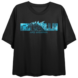Godzilla Vs. Kong The New Empire Neon Godzilla Face Art Crew Neck Short Sleeve Women's Black Crop Top - 1 of 4