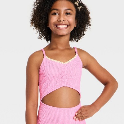 Art Class Girls' Spring Vacay Solid One Piece Swimsuit - art class™ Pink M — фото 3