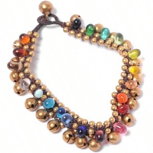 Gold Tone Brass Anklet with Bells and Rainbow Glass Beads - Indian Style Boho Gypsy Women's Ankle Jewelry - 1 of 1