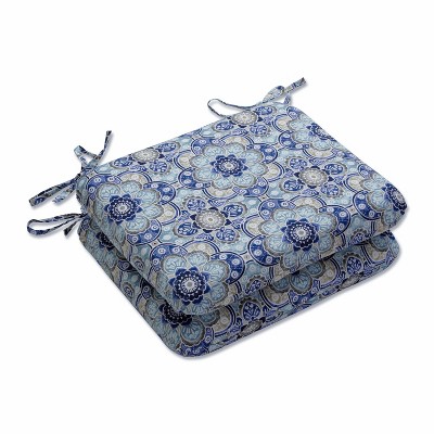 Set of 2 Outdoor/Indoor Rounded Corners Seat Cushions Keyzu Medallion Mariner Blue - Pillow Perfect