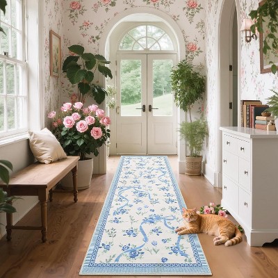 Floral Bow Rugs , Rug for Living Room with Soft Low Pile, Blue Washable Area Rug for Nursery Kids Dorm Playroom