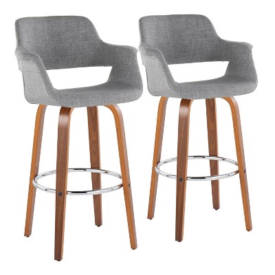 Set of 2 Vintage Flair Barstools Walnut/Chrome/Light Gray - LumiSource: Fixed-Height, Upholstered, Wood Legs