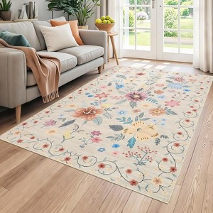 Runner Rug - Floral Boho Design, Ultra-Thin Low Pile, Non-Slip Backing, Machine Washable, 8*10ft, Beige - 1 of 4