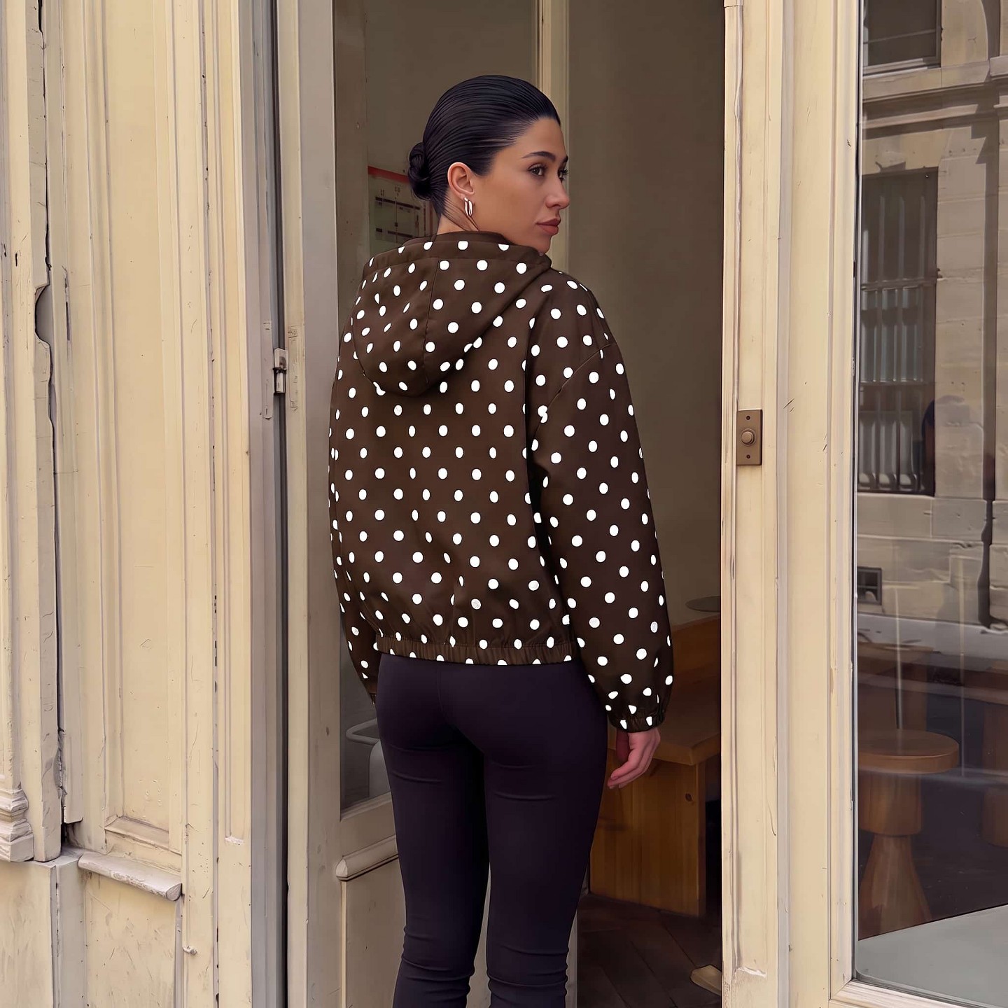 Женская куртка Imily Bela Polka Dot Hooded Jacket Drawstring Long Sleeve Elastic Cuffs Cropped Casual Outerwear Brown, цвет: Коричневый — фото 5