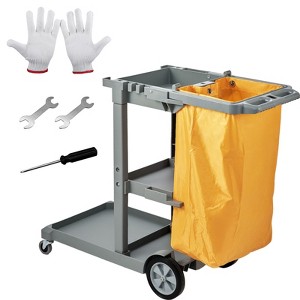VEVOR Cleaning Cart, 3-Shelf Commercial Janitorial Cart, 200 lbs Capacity Plastic Housekeeping Cart, with 25 Gallon PVC Bag, 47" x 20" x 38.6" - 1 of 4
