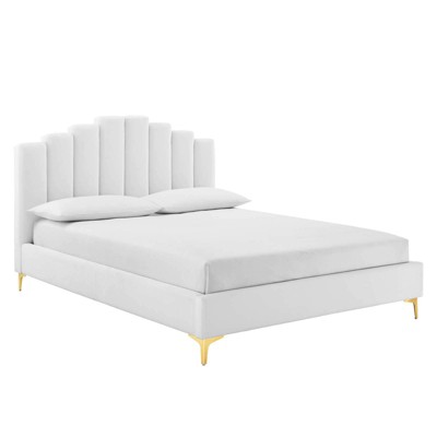 Queen Olivia Performance Velvet Platform Bed White - Modway: Gold Metal Legs, Wood Slat Support, No Box Spring Needed