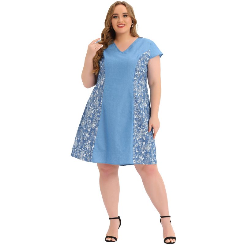 Agnes Orinda Women's Plus Size Chambray Wedding Floral A Line Knee Length Dress, 3 of 6