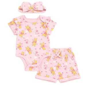 Disney Baby Girls Ribbed Bodysuit, Shorts and Headband 3 Piece Outfit Set Newborn to Infant - 1 of 4