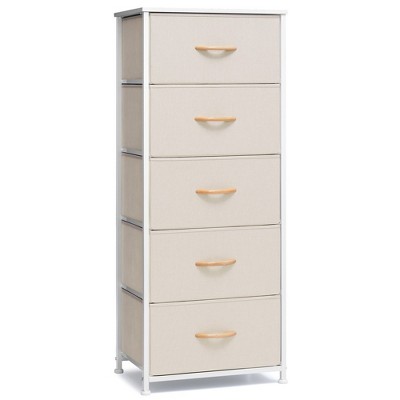Crestlive Products Vertical Dresser for Bedroom Storage Tower With Steel Frame Wood Top Easy Pull Fabric Bins