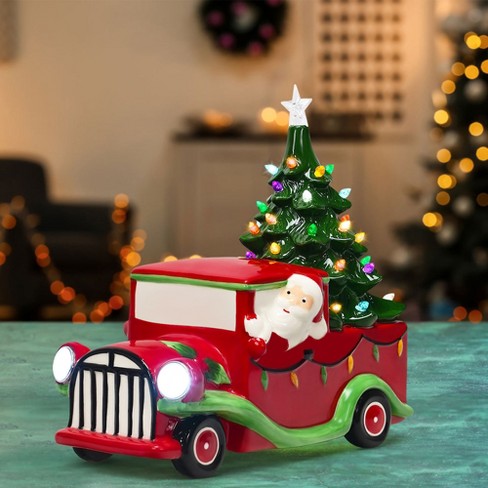 Vintage Retro Style Xmas Holiday Light Up Lighted LED Red Pickup Truck & Tree 