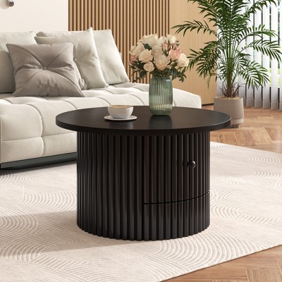VYNXARIA Modern Farmhouse Round Coffee Table with Hidden Drawer in Dark Brown