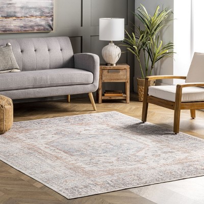Gray Floral Synthetic 4' x 6' Washable Area Rug