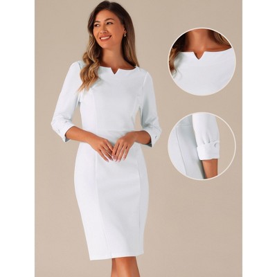 Женские платья INSPIRE CHIC Women's 3/4 Sleeve Split Neck Wear to Work Business Sheath Dresses Medium White — фото 2