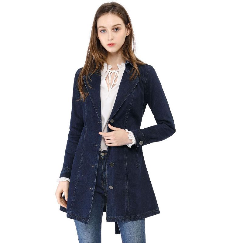 Allegra K Women's Notched Lapel Belted Trench Long Denim Jacket, 4 of 8