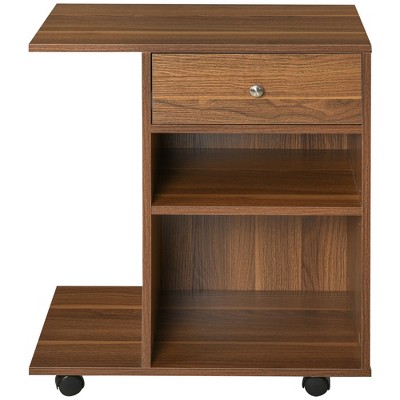 Walnut Particleboard Rolling Printer Stand with Drawer and Shelves