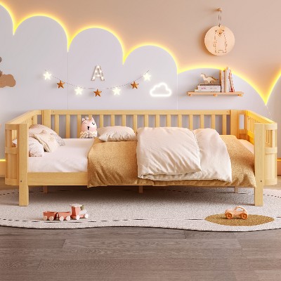 Lyngins Kids’ Wood Platform Bed Frame with Safety Guardrails and Detachable Fence, Rounded Corners, Toddler Beds, Twin Size Bed Frame for Kids