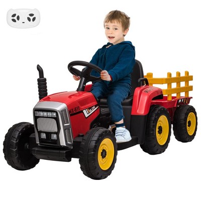 12V Kids Ride On Tractor with Trailer & Remote Control,Speed Up to 5 mph, Toddler Electric Vehicle Car with Led Headlights
