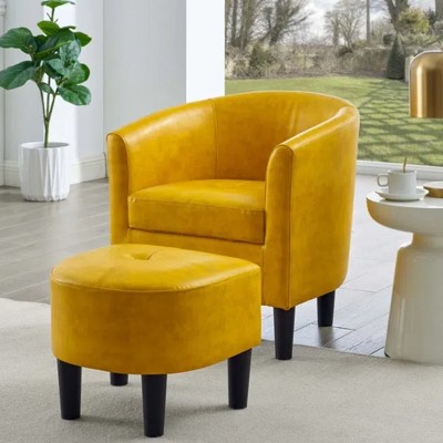 GDFStudio Elsie 2 Piece Faux Leather Upholstered Barrel Chair with Ottoman