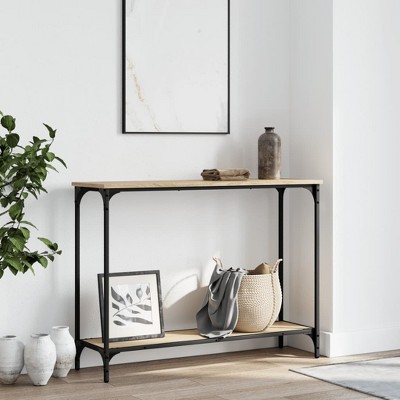 Clihome Sonoma Oak Industrial Console Table, Matte Black Metal Frame, with Shelf & Adjustable Feet