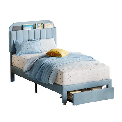 Kids Bed Frame,Twin Kids Bed Frame with Bookcase Headboard, Velvet Upholstered Platform Bed Frame with Under-Bed Drawer