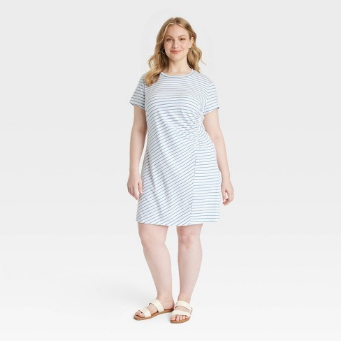 Women's Short Sleeve Ruched Knit Mini T-Shirt Dress - Universal Thread™  White Striped XXL