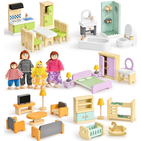 Etokfoks 36pcs Wooden Dollhouse Furniture Set Miniature Accessories for 5 Rooms Pretend Play with 4 Poseable Dolls for Kids Ages 3-8