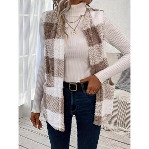 Women Vest Jackets Double Faced Plaid Fleece Pocket Vest Sleeveless Open Front Cardigan Khaki S - 1 of 4