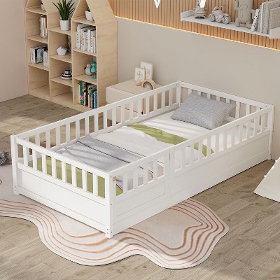 KTMBDW Twin/Full Size Floor Bed with Slats, Wood Montessori Floor Bed with Fence and Door, Kids Montessori Bed, Montessori Floor Bed for Girls, Boys