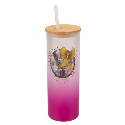 Elanze Designs 25 Ounce Frosted Glass Gradient Travel Tumbler With Straw and Wooden Lid, Baseball Red Paint Splatter Pink