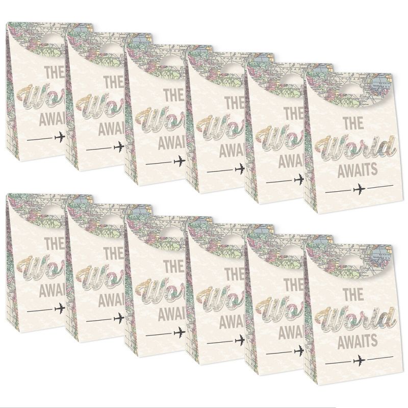 Big Dot of Happiness World Awaits - Travel Themed Gift Favor Bag- Party Goodie Boxes- Set of 12, 5 of 9