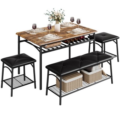 Dining Table with Benches, Kitchen Table Set for 4, Metal and Wood Dining Table Set for 4 with Storage for Small Space