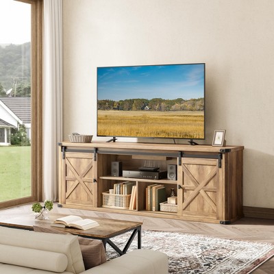 Farmhouse TV Stand for 75" TVs - 70" Media Console with Sliding Barn Doors, 6-Outlet Charging Station & Cable Management, Rustic Finish