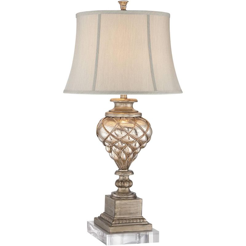 Barnes and Ivy Luke Traditional Table Lamp with Square Riser 35 1/4" Tall Mercury Glass Silver LED Nightlight Off White Shade for Bedroom Living Room, 1 of 8