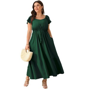 Whizmax Women Plus Size Boho Maxi Dress Short Sleeves High Waist Ruffle Casual Summer Dress with Pockets - 1 of 4