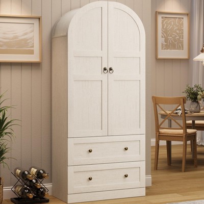 Homhougo 72" Tall Arched Kitchen Pantry Storage Cabinet, Modern Farmhouse Storage Cabinets with 2 Doors & Drawers White
