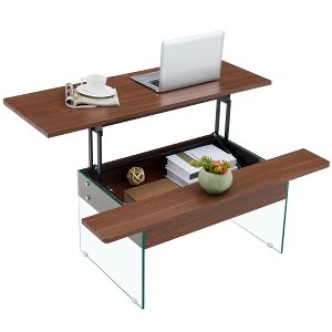 43.3-in coffee table with lifting function (with storage space) - Combining walnut wood grain with tempered glass,Space-saving design - 1 of 1
