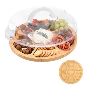 Unique Bargains Bamboo Portable 7 Compartments Round Charcuterie Board with Lid 11.6" White - 1 of 4