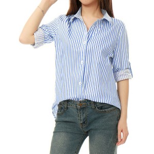 INSPIRE CHIC Women's Striped Button Down Roll-up Long Sleeves Point Collar Shirt - 1 of 4