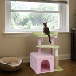 27.5in Cat Tree, Multi-level Cat Tower with Cat Scratching Post and Pad, Cozy Cat Condo, Padded Top Bed for Kittens and Indoor Cats, Pink & Green - 1 of 4
