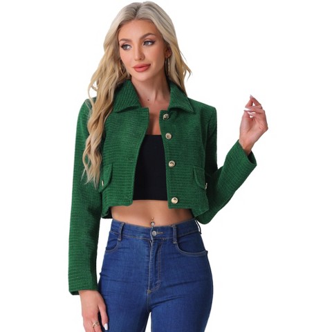 Allegra K Women's Tweed Short Suit Long Sleeve Crop Jacket X-Large Green