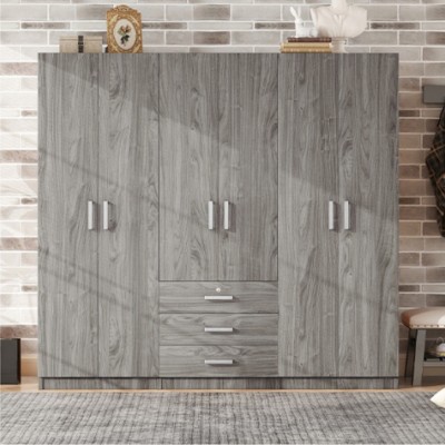 6 Doors Wooden Wardrobe Storage For Bedroom, 68''Tall Clothing Armoires With 3 Drawers Inside, Modern Armoires-Cuddlewood