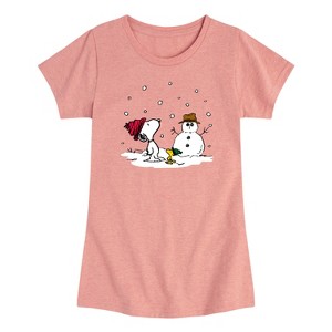 Girls' - Peanuts - Snoopy Woodstock Snowman Short Sleeve Graphic T-Shirt - 1 of 3
