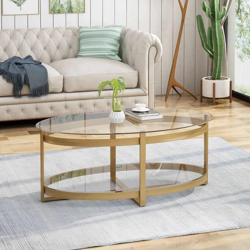 Plumeria Modern Iron with Tempered Glass Coffee Table Brass - Christopher Knight Home, 3 of 6
