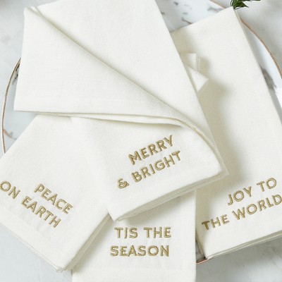 Joyful Sentiment White Cotton Embroidered Holiday Napkins, Set of 4