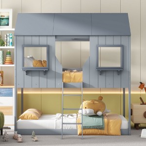 NicBex Twin over Twin Bunk Bed House Shape Loft Bed Pine Bed Frame with 2 Windows, Guardrail and Inclined Ladder, No Box Spring Required - 1 of 4