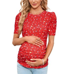 Women's Floral Puff Sleeve Ruched Side Tunic Blouses Shirts - 1 of 1