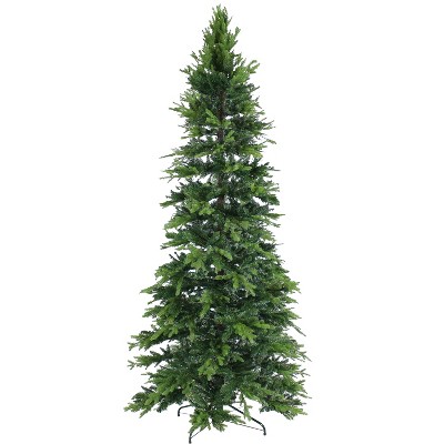 Sunnydaze Indoor Artificial Unlit Slim Christmas Holiday Tree with Metal Stand and Hinged Branches - 8' - Green