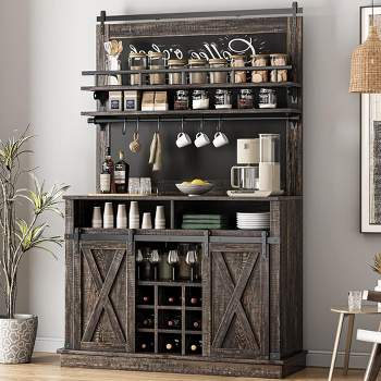 Coffee Bar Cabinet, Farmhouse Buffet Cabinet with Storage, 75" Tall Bar Cabinet Kitchen Buffet Sideboard with Sliding Barn Door and Blackboard
