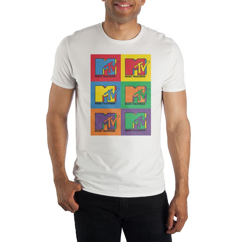MTV Logo Colorful Block Design  White Graphic Tee Shirt, 1 of 3
