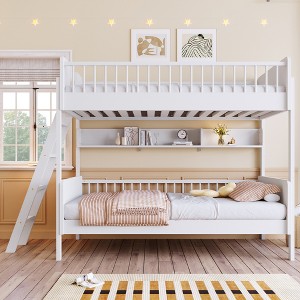 AENKYO Twin Over Twin Wooden Bunk Bed, Convertible Ladder with 3 Built-In Storage Shelves & Safety Rails, Space Saving Kids Bed - 1 of 4